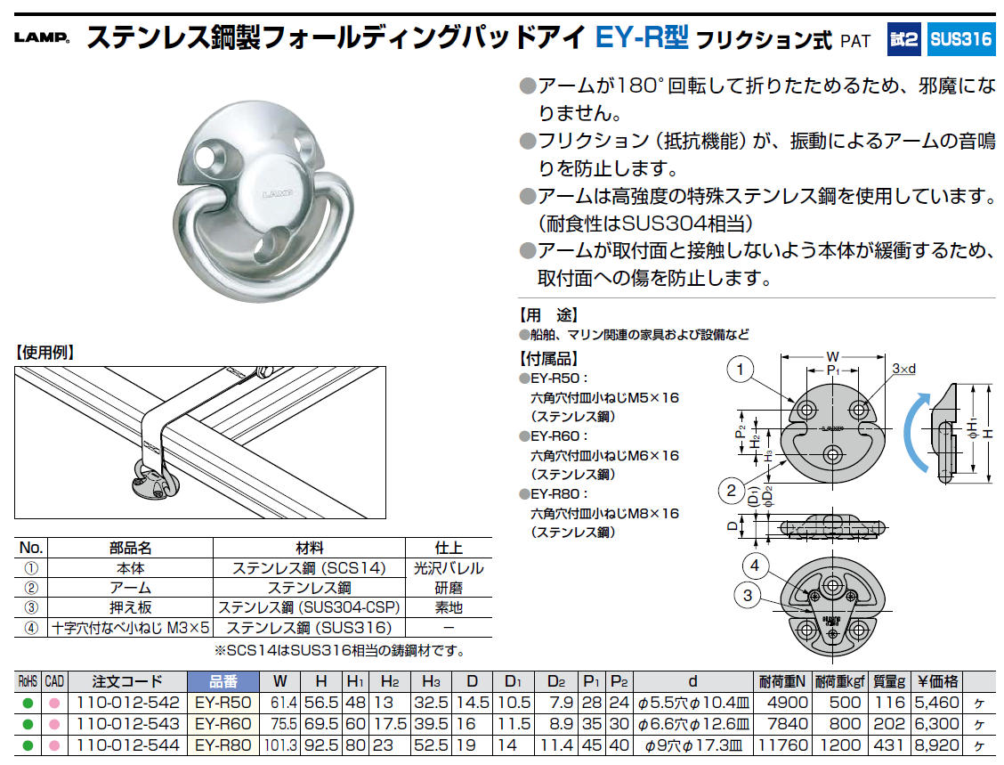スガツネ工業 ランプ印 ステンレス鋼(SUS316相当品)製 フォールディングパットアイ EY-R型 EY-R50 - 2