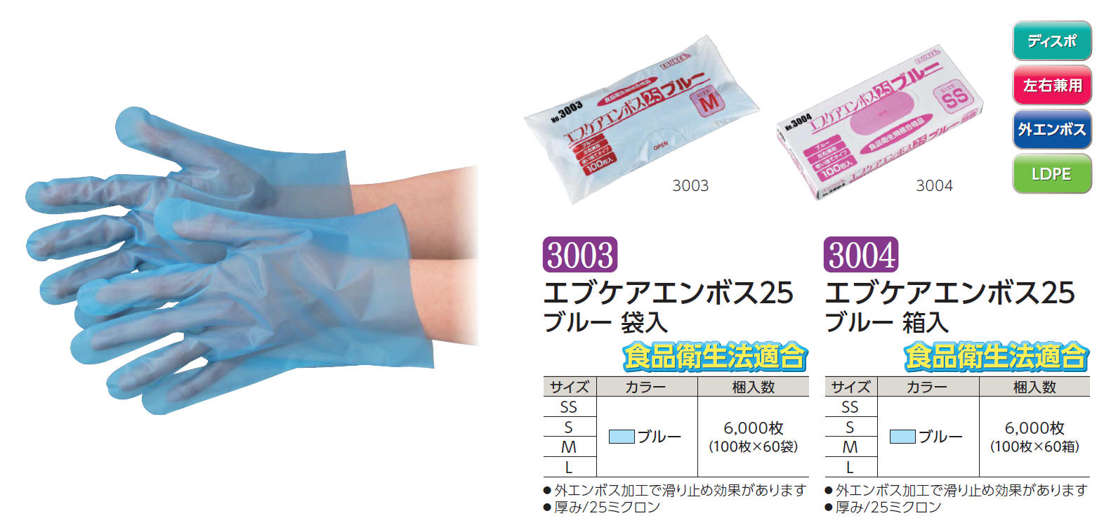 売れ筋新商品 No.3001 エブケアエンボス25 食品衛生法適合 使い捨て手袋半透明 Mサイズ 袋入 100枚入 