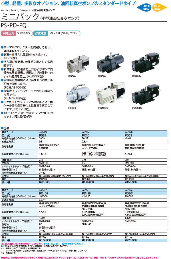 SALE／72%OFF】 ヤマト科学株式会社 PDシリーズ ミニバック小型油回転真空ポンプ PD139