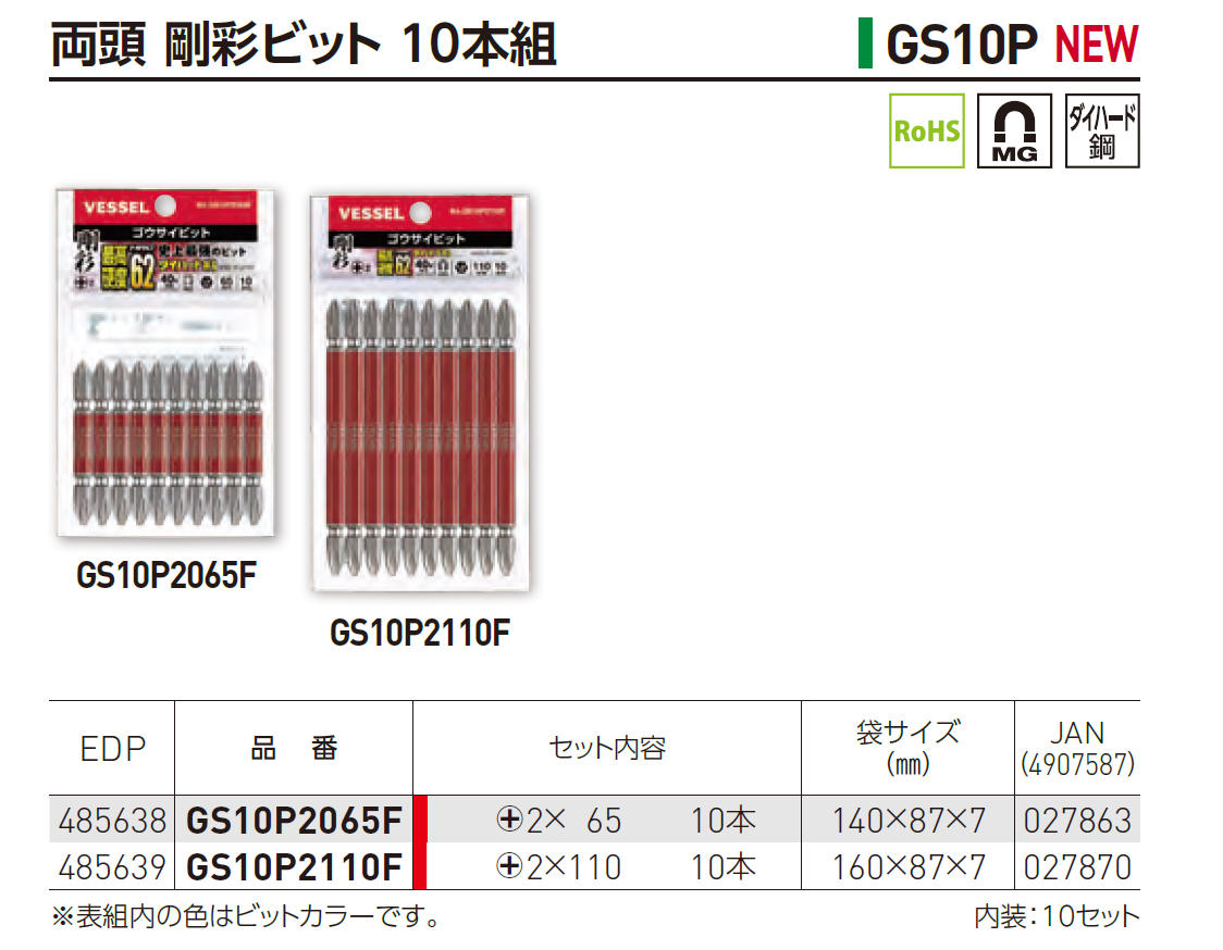 スペシャル価格 工具 ベッセル GS10P2110F 剛彩ビット 10本組 10セット